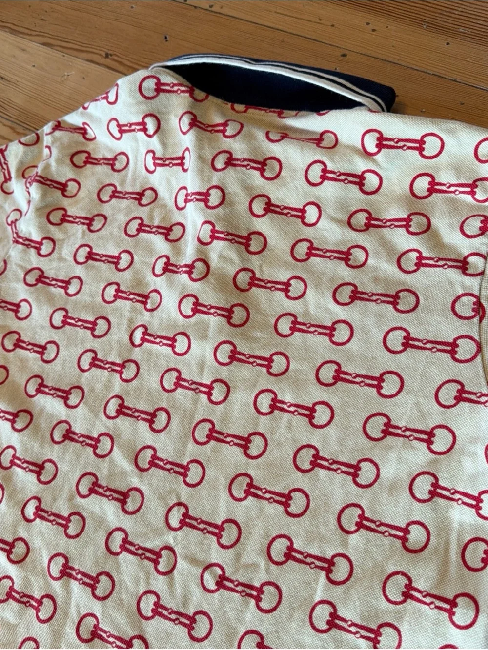 GUCCI HORSEBIT PRINT COTTON POLO SHIRT Cream Red Size Small